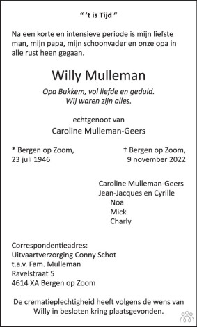 Overlijdensadvertentie Willy Mulleman